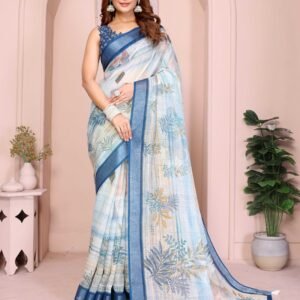 Elegant White & Sky Blue Floral Printed Saree with Designer Border