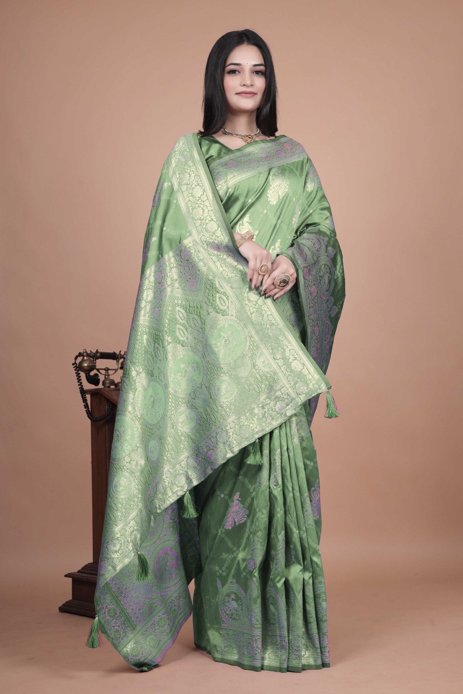 Elegance Sage Green Silk Blend Saree with Intricate Silver Zari Woven Border & Pallu - Image 2