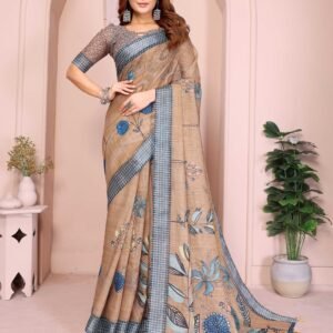 Elegant Beige Floral Printed Saree with Contrast Blue Border