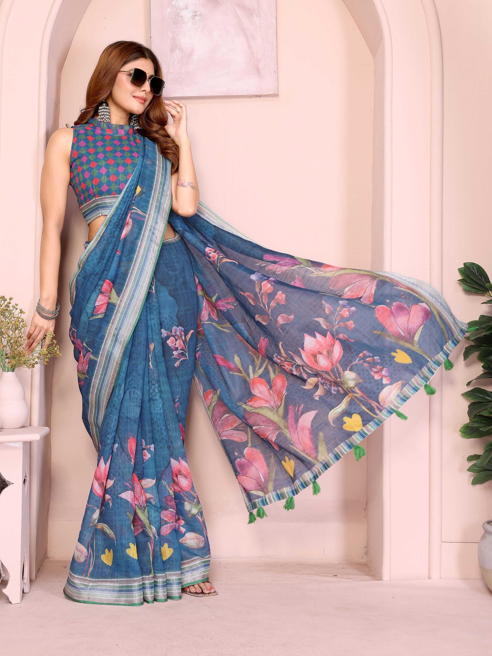 Royal Teal Blue Floral Printed Saree with Silver Zari Border & Printed Blouse Piece - Image 2