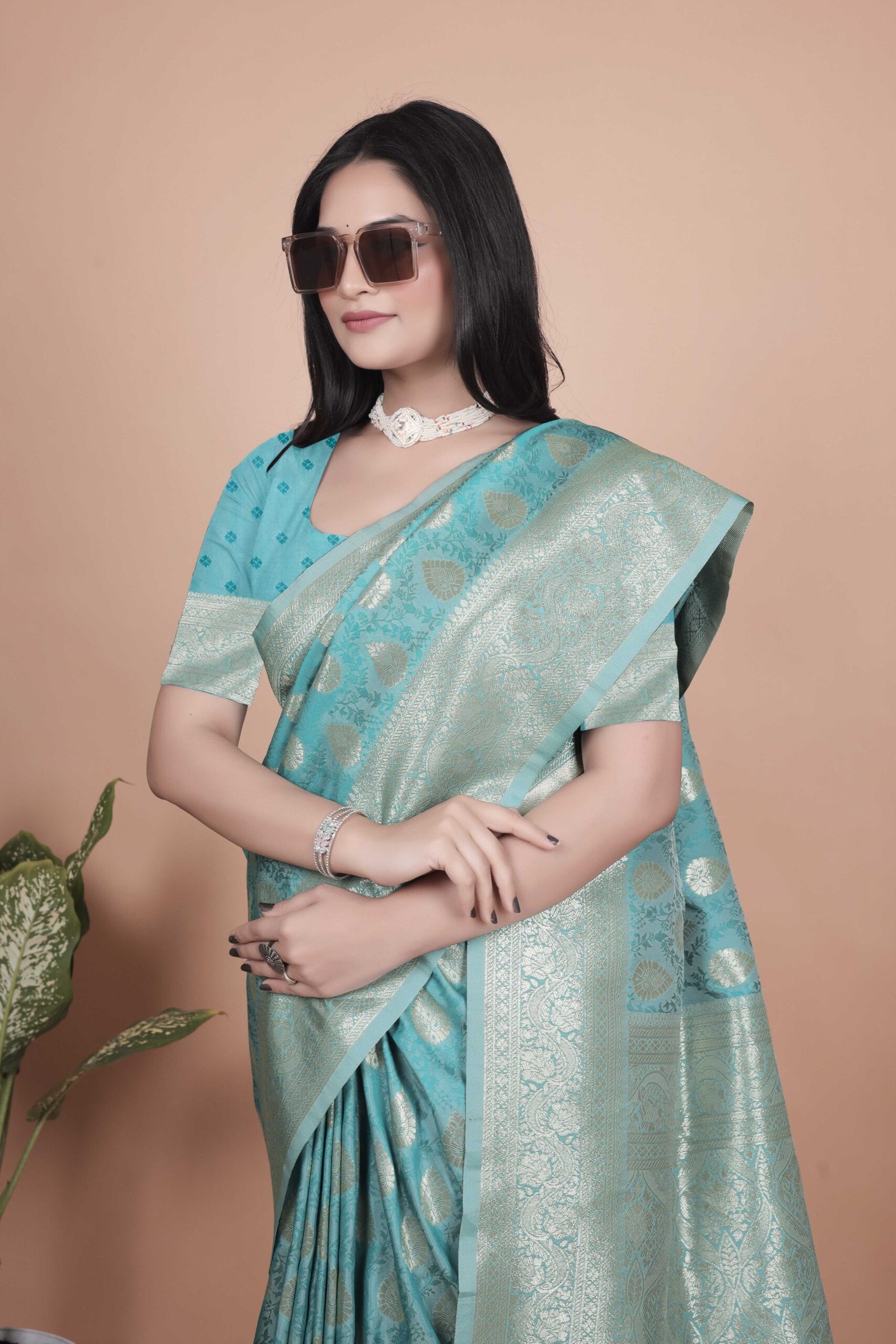 Sea Green / Turquoise Banarasi Art Silk Saree with Silver Zari Woven Bootis - Image 3