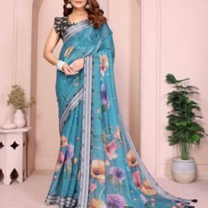 Elegant Turquoise Floral Printed Saree with Striped Border
