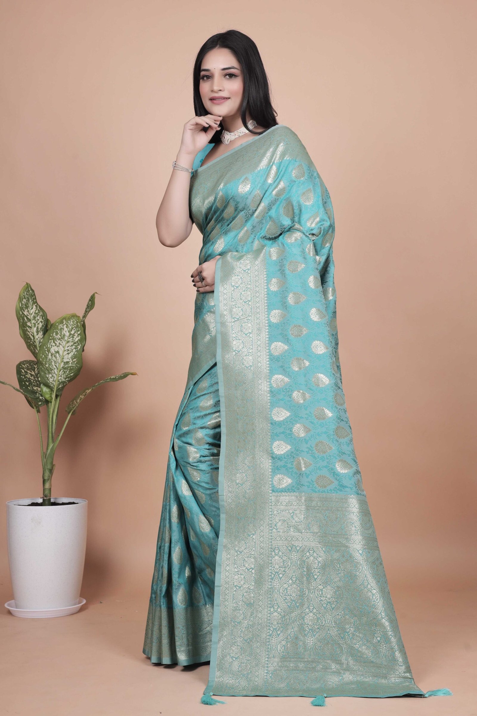 Sea Green / Turquoise Banarasi Art Silk Saree with Silver Zari Woven Bootis
